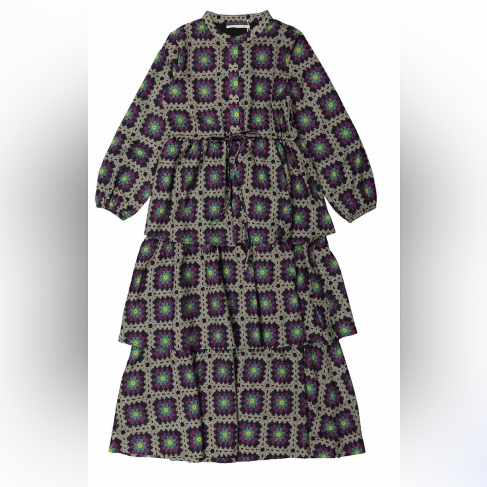 Rowe Three Tiered Dress Grey/Purple- Quilt Print Long Maxi Modest Girls 10 New